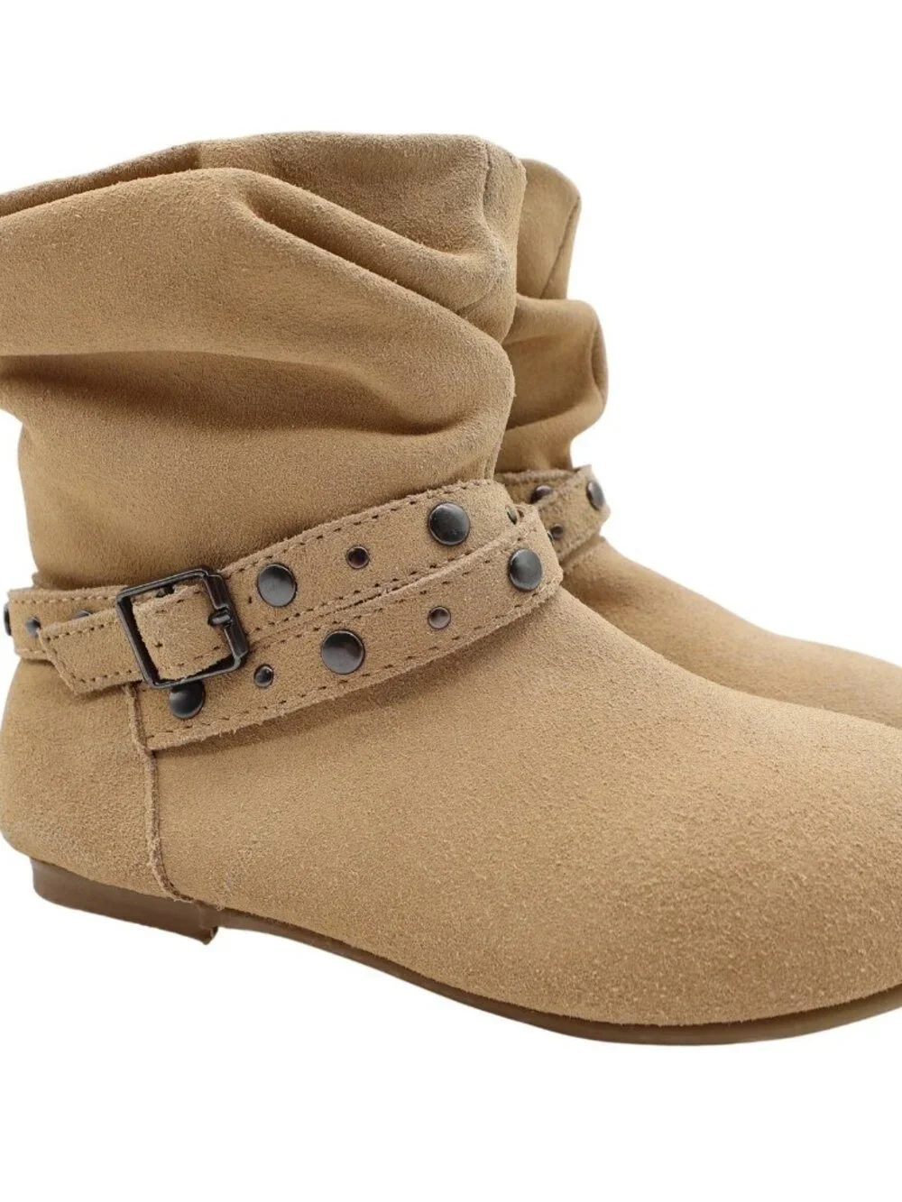 L'Amour Girls Size 11 Tan Leather Slouch Studded Buckle Ankle Boots
